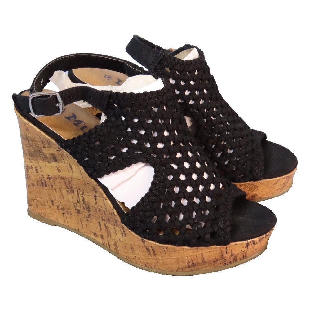 VTG Y2K Mudd Cork Wedge PLATFORM SANDALS HEELS SHOES Black Macrame Woven 6 M